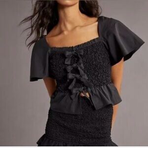 NWT Anthropologie Mare Mare black top blouse L large shirred peplum bows ties